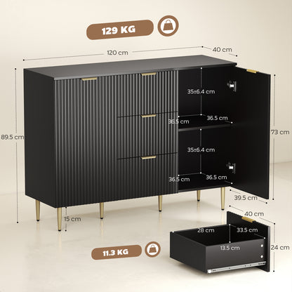 2-Door Sideboard with 3 Drawers and Adjustable Shelves - Black