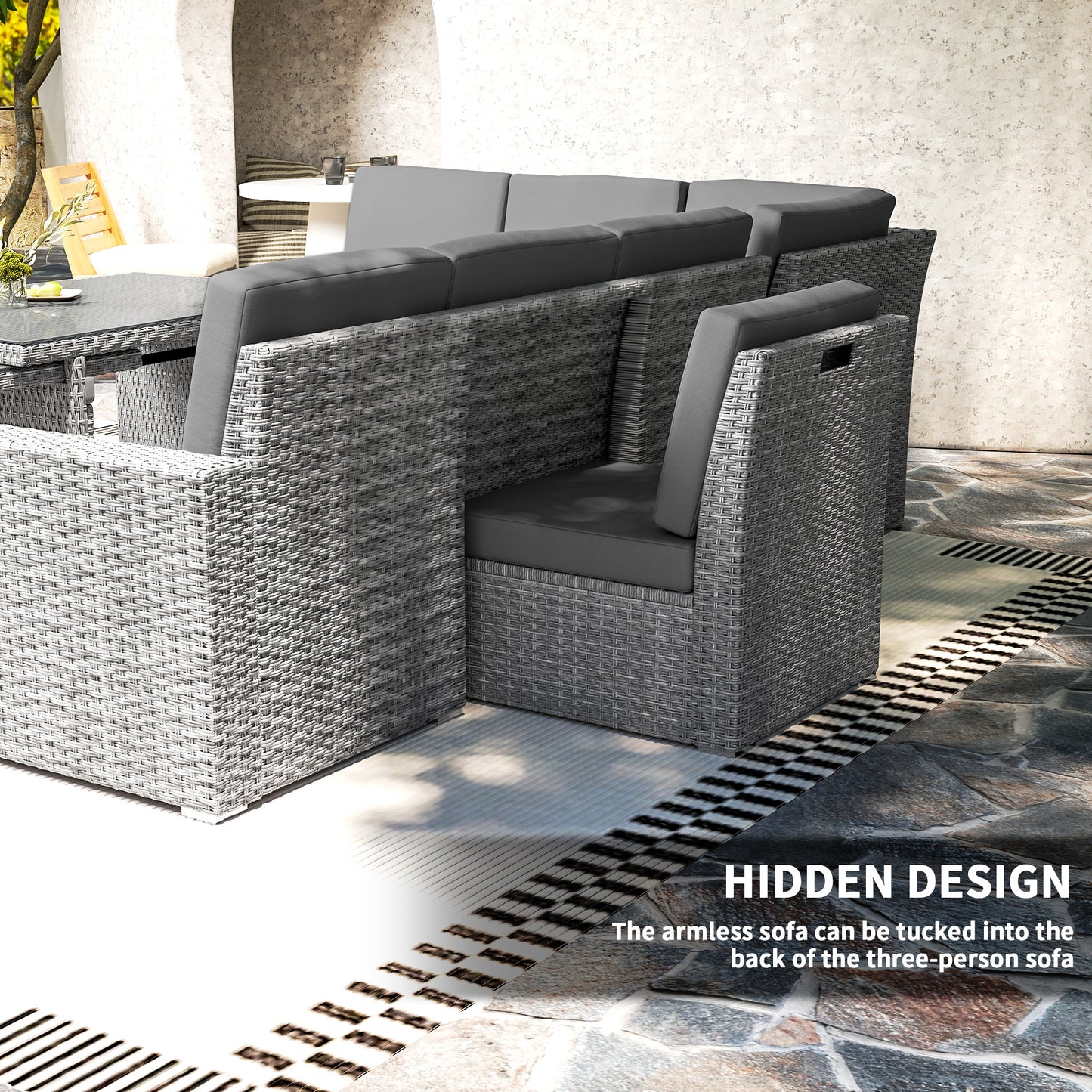 Seven-Piece Rattan Garden Sofa Set, with Expanding Table - Light Grey