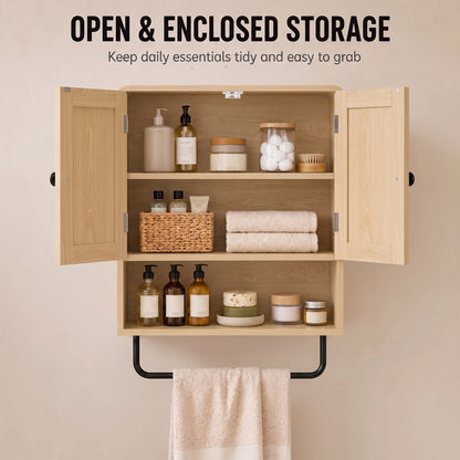 Bathroom Cabinet Wall Mounted, Bathroom Wall Cabinet with 2 Doors, Adjustable Shelf Storage for Toilet, Oak