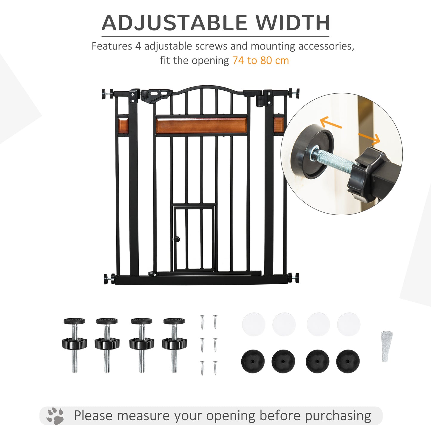 Pet Gate Safety Gate, with Cat Flap, Auto Close, for Staircases, Doorways, Hallways, 74-80cm Wide - Black