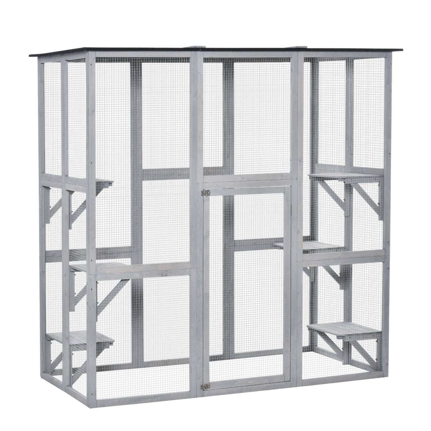 Wooden Catio Cat Outdoor Enclosure, Cat Cage with Waterproof Roof, Platforms, for Multiple Kittens, 180 x 98 x 180 cm