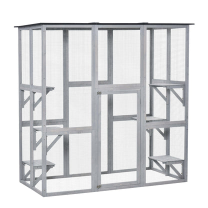 Wooden Catio Cat Outdoor Enclosure, Cat Cage with Waterproof Roof, Platforms, for Multiple Kittens, 180 x 98 x 180 cm