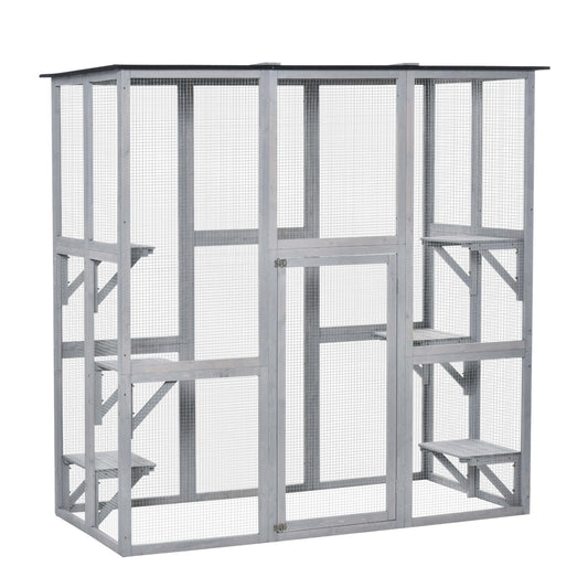 Wooden Catio Cat Outdoor Enclosure, Cat Cage with Waterproof Roof, Platforms, for Multiple Kittens, 180 x 98 x 180 cm