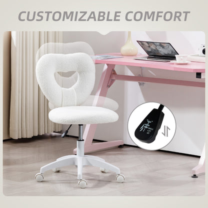 Armless Heart Computer Desk Chair, Teddy Fleece Swivel Office Chair, Makeup Vanity Chair with Height Adjustable, Wheels