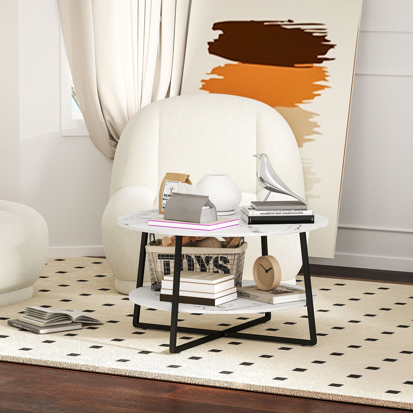 Two-Tier Marble-Effect Coffee Table - White/Black