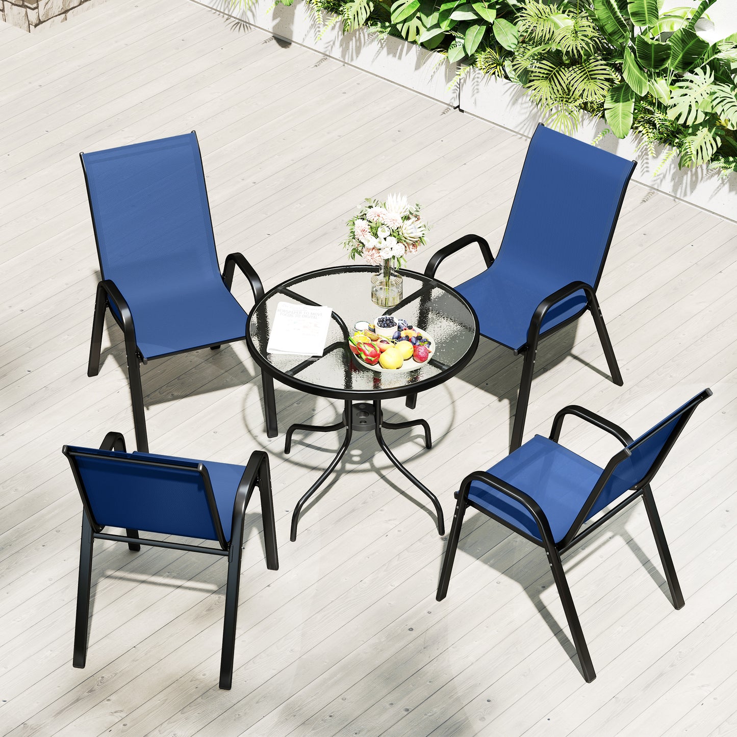 Five-Piece Steel Patio Set, with Glass-Top Table - Dark Blue