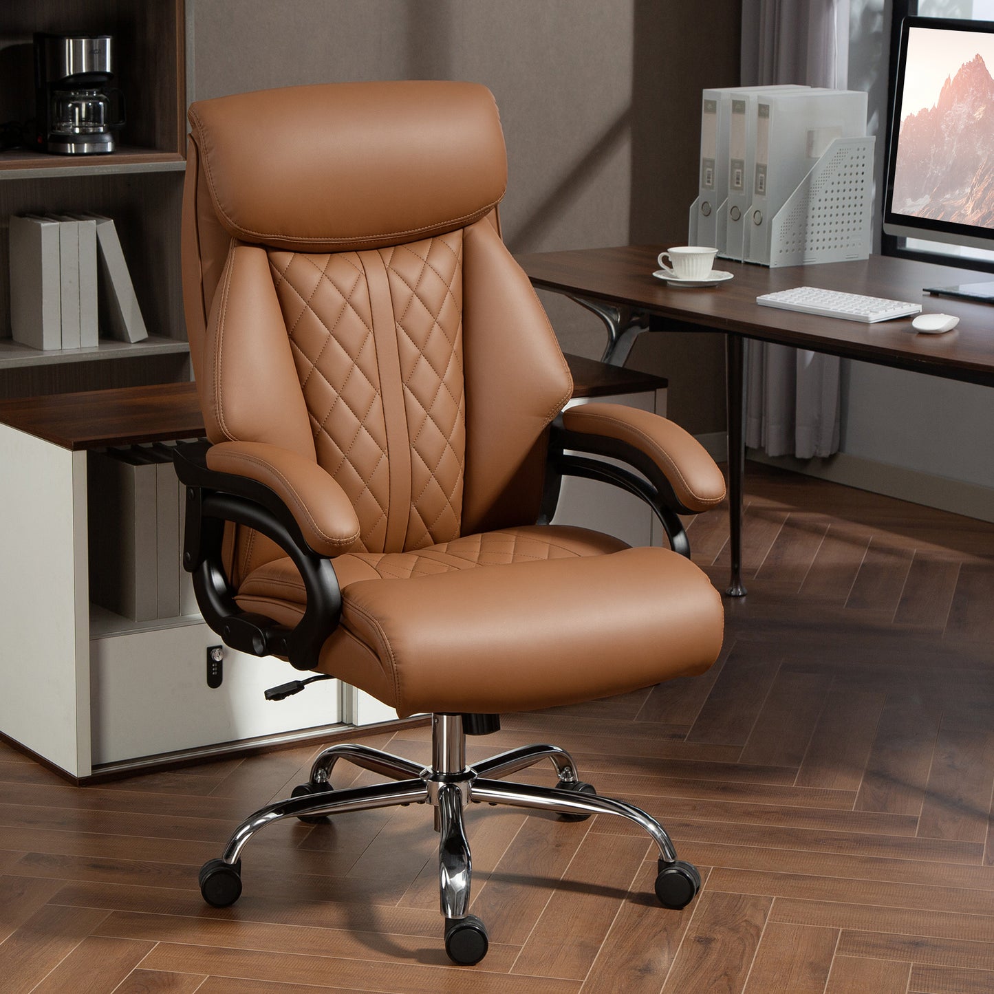 Spring Padded Faux Leather Office Chair with Super Padded, Reclining Office Chair - Light Brown