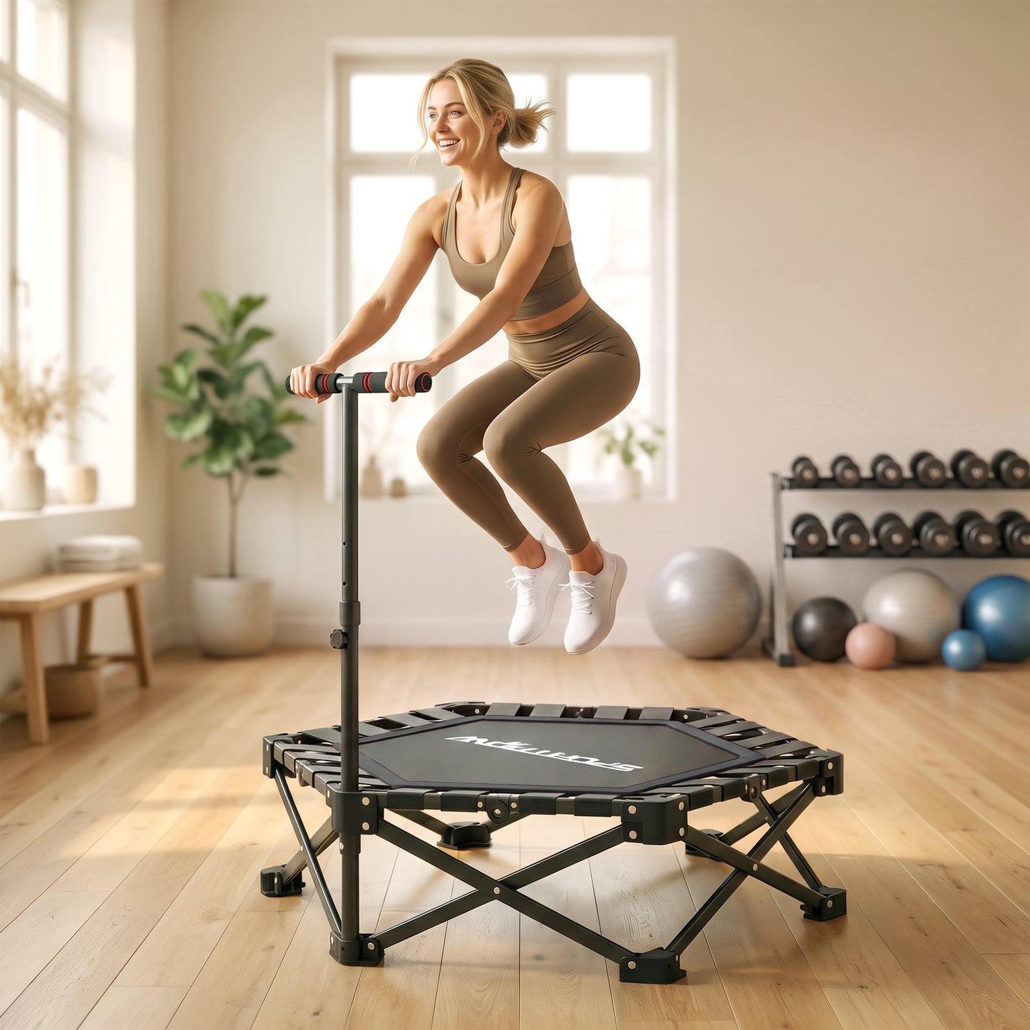 42" Foldable Mini Trampoline, One-Step Fold & Open, Rebounder Trampoline with 3-Level Adjustable Handle for Adults