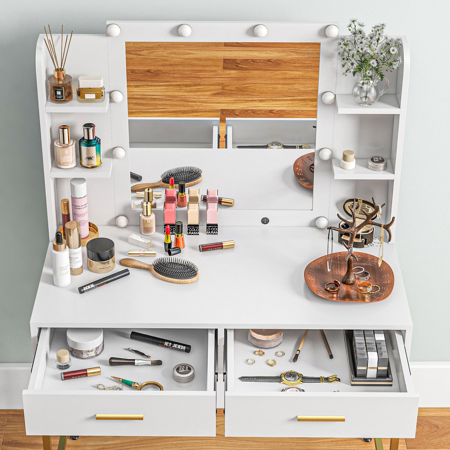 Dressing Table Set, with Storage and Stool - White
