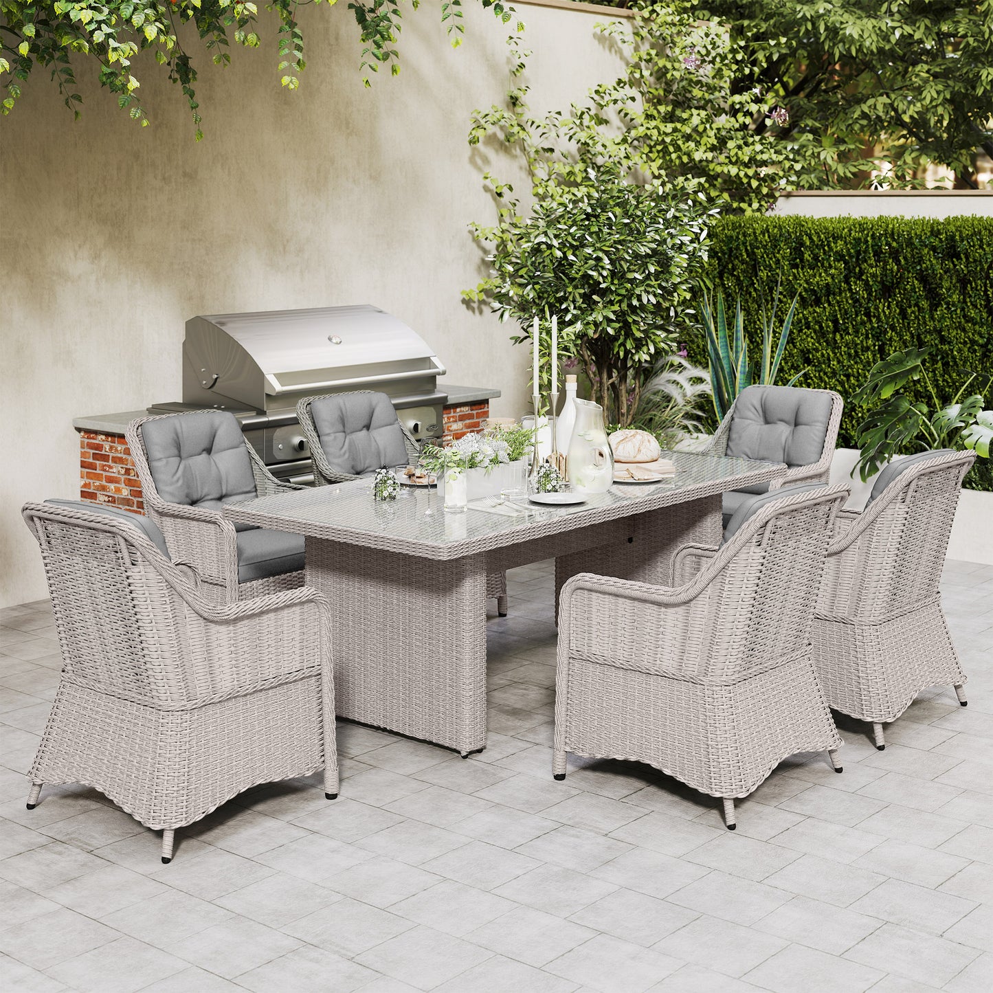 Seven-Piece Rattan Dining Set - Mixed Grey