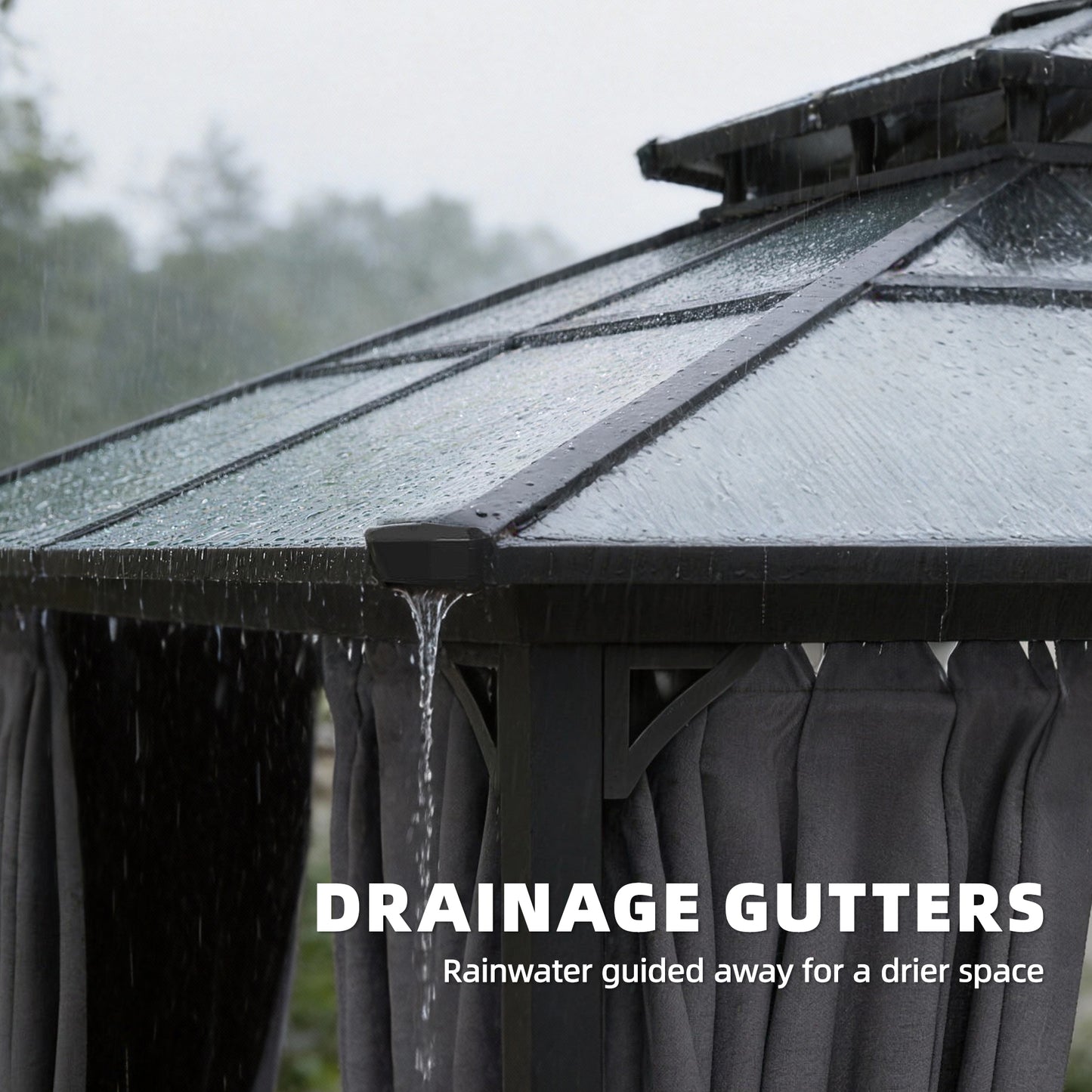 2.5 x 2.5 m Hardtop Gazebo Canopy with Double PC Roof, Drainage Gutters, Garden Gazebo Permanent Pavilion, Dark Grey
