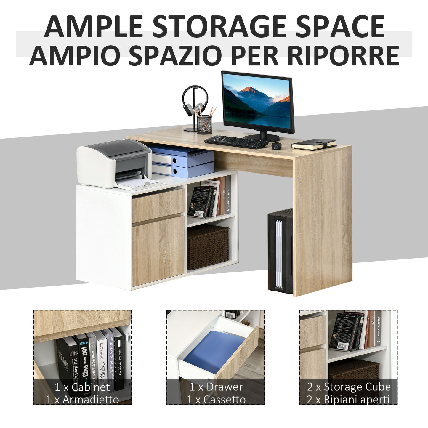 L-Shaped Desk, Corner Computer Desk with Storage Drawer, Adjustable Shelf, Cabinet for Home Office and Study