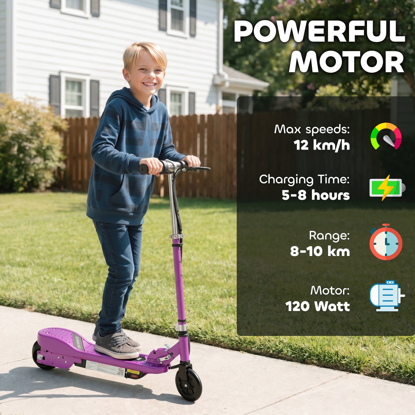 Foldable Electric Kids Scooter, Ride-on for Ages 7-14 Years, Purple