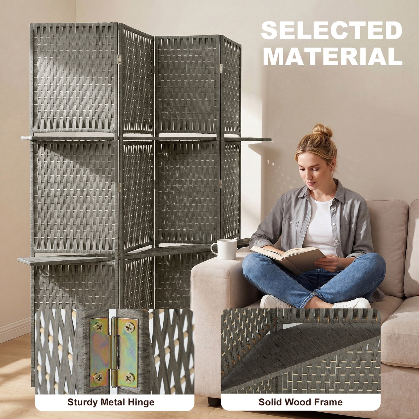 Wave Fibre Freestanding Folding Privacy Screen Panels, Room Divider, Grey
