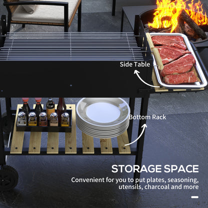 Charcoal BBQ Grill, Barbecue Trolley with Double Adjustable Grill, Side Table