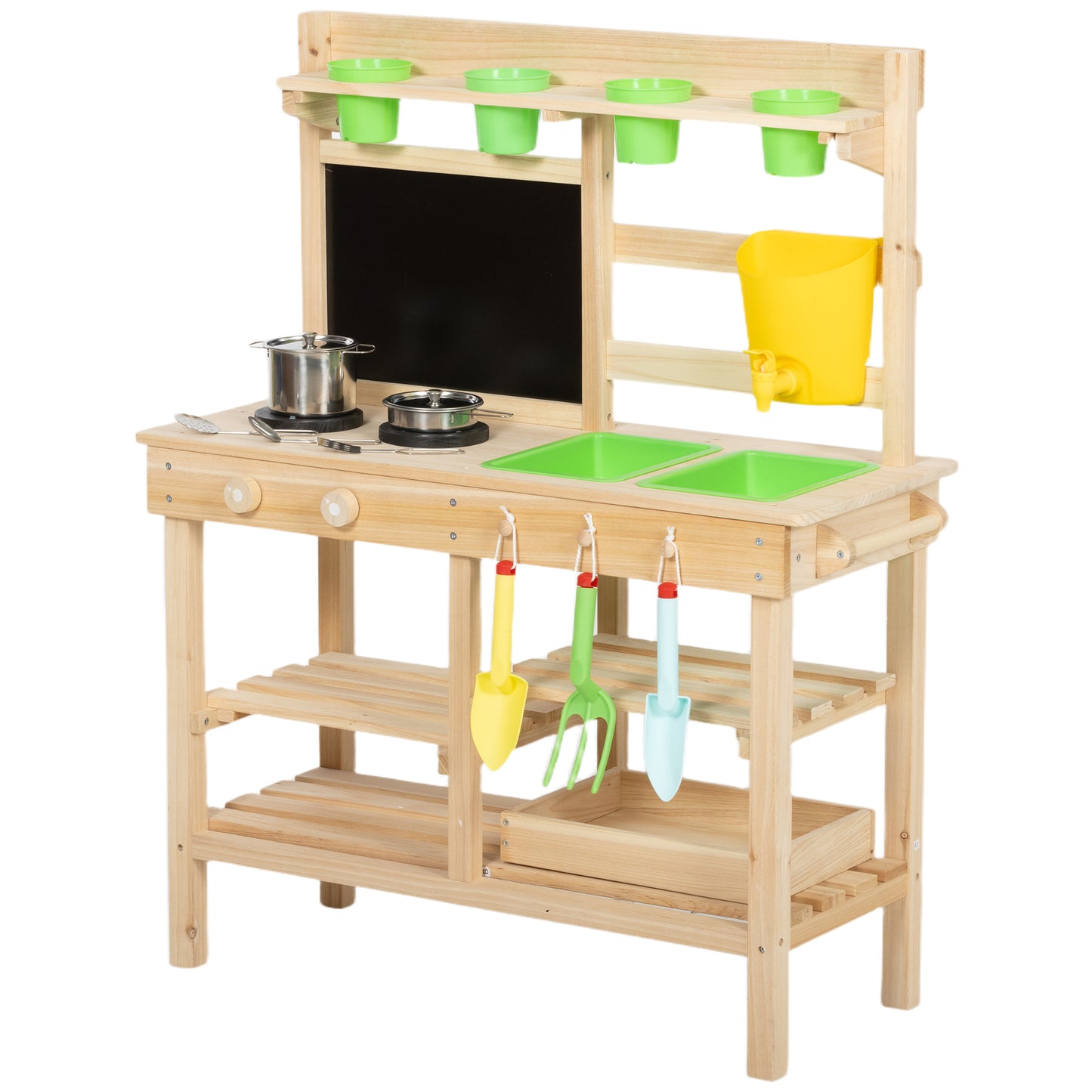Kids Mud Kitchen, Outdoor Wooden Play Kitchen with Kitchenware & Garden Tools, Pretend Play Outdoor Toys, Natural