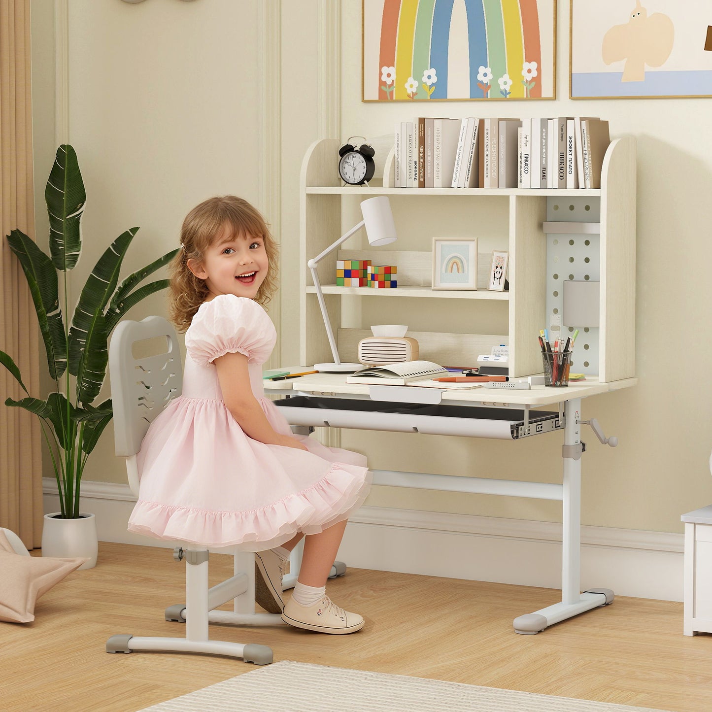 Kids Desk Height Adjustable with Tilt-Desktop, Hutch, Drawer, Storage Shelf, Pegboard, for 3-12 Years Old, Natural
