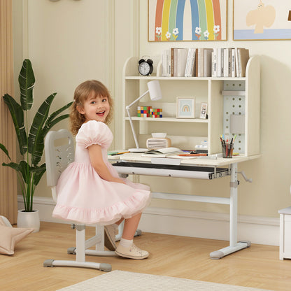 Kids Desk Height Adjustable with Tilt-Desktop, Hutch, Drawer, Storage Shelf, Pegboard, for 3-12 Years Old, Natural
