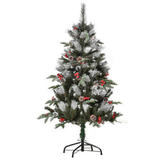 4FT Artificial Snow Dipped Christmas Tree Xmas Pencil Tree Holiday Home Party Decoration with Foldable Feet Red Berries White