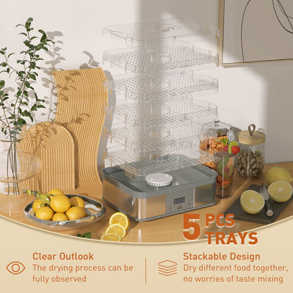 5 Tier Food Dehydrator, 245W Stainless Steel Food Dryer Machine with Adjustable Temperature