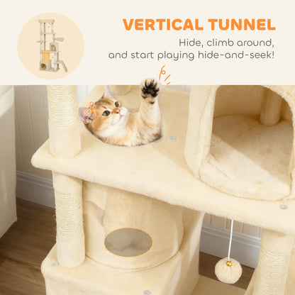 170 cm Large Cat Tree, Cat Tower with 7 Scratching Posts, Tunnel, 2 Condos, Hammock, Perch, Ramp, Pompoms, Beige