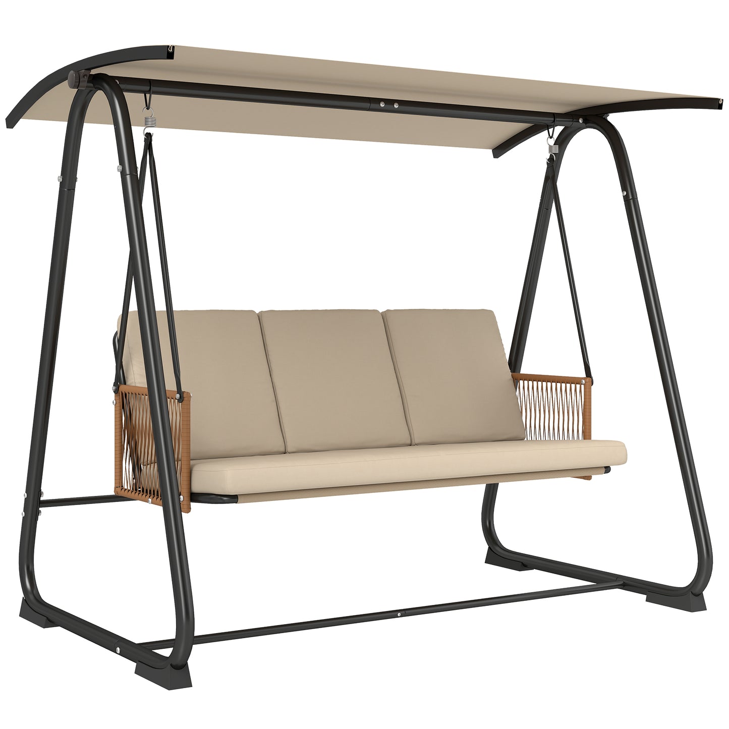 3 Seater Swing Chair with Adjustable Canopy, 360 kg Garden Swing Seat Outdoor Hammock Bench with Cushions, Sand Brown