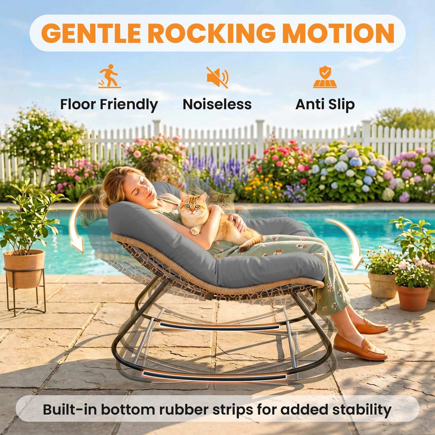 Indoor Outdoor Rocking Chair, Oversized Rocking Egg Chair with Cushion for Living Room, Garden, Patio, Grey