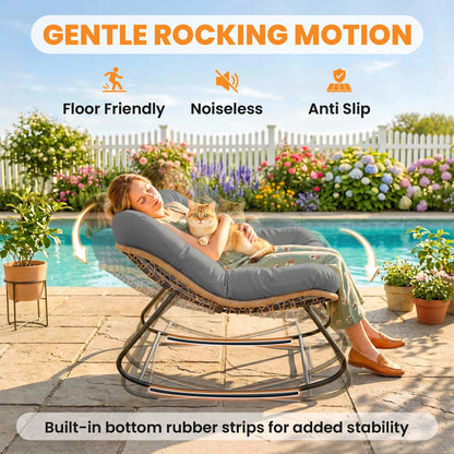 Indoor Outdoor Rocking Chair, Oversized Rocking Egg Chair with Cushion for Living Room, Garden, Patio, Grey