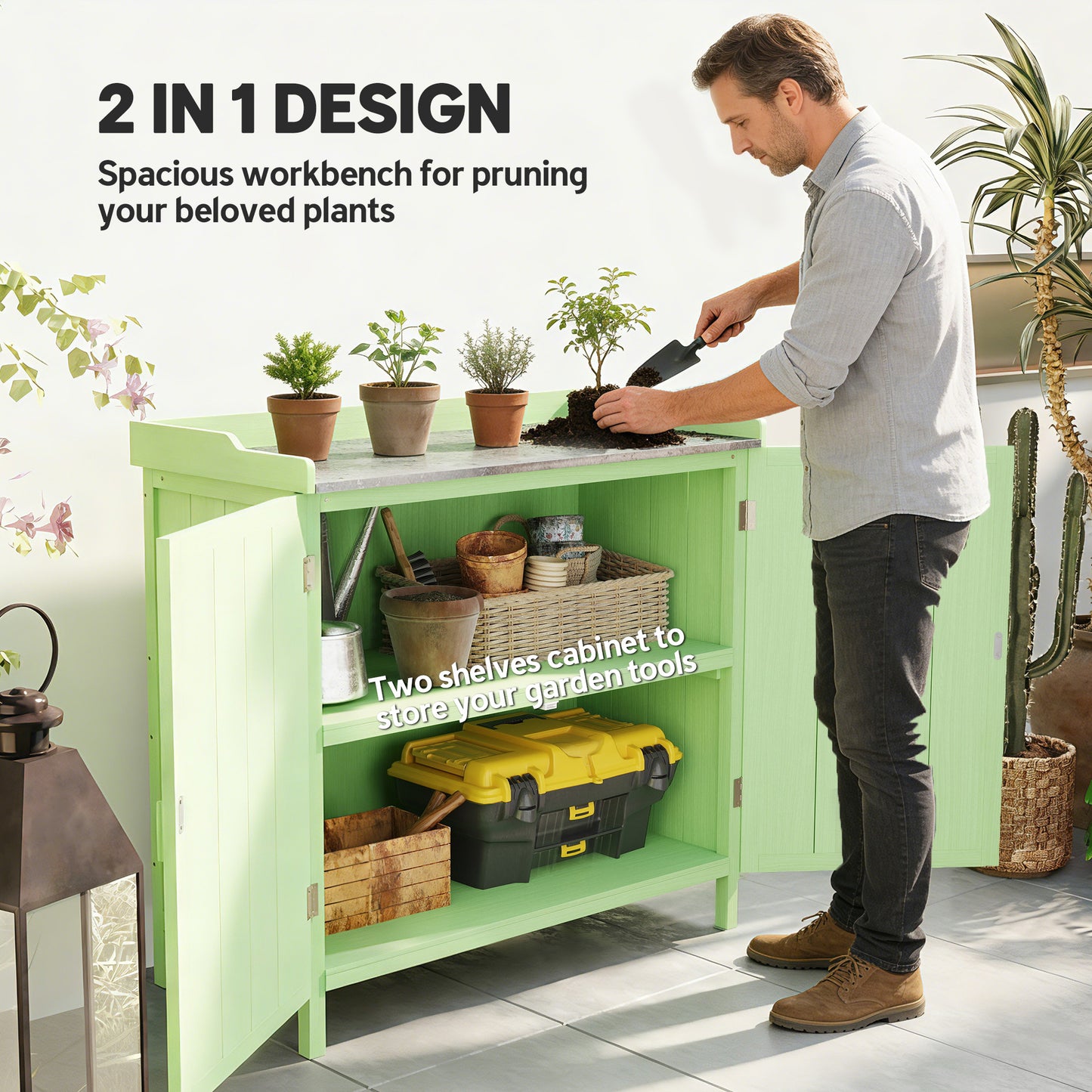 Wood Garden Storage Cabinet, Outdoor Tool Shed, Potting Bench Table with galvanised Top and Two Shelves for garden Tools or P