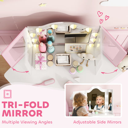 Kids Dressing Table and Stool Set, Girls Vanity Table with 2-Colour LED Lights, Tri-Folding Mirror, White