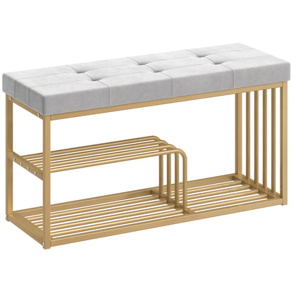 Bench and Shoe Storage, Tufted Shoe Storage Bench with Velvet Seat Cushion Gold Steel Frame for Entryway, Grey