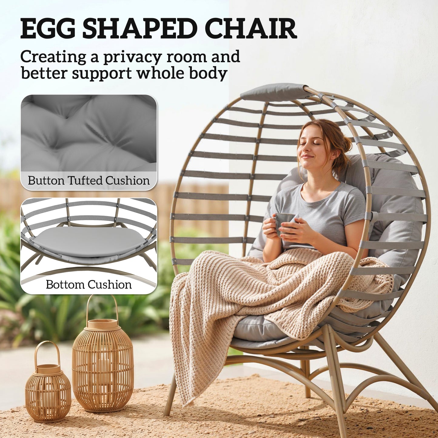 Egg Chair with Cushion & Side Pocket - Light Grey