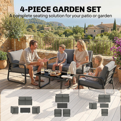 4 Piece Garden Furniture Set, Outdoor Sofa Set with Loveseat, 2 Armchairs, Coffee Table and Cushions