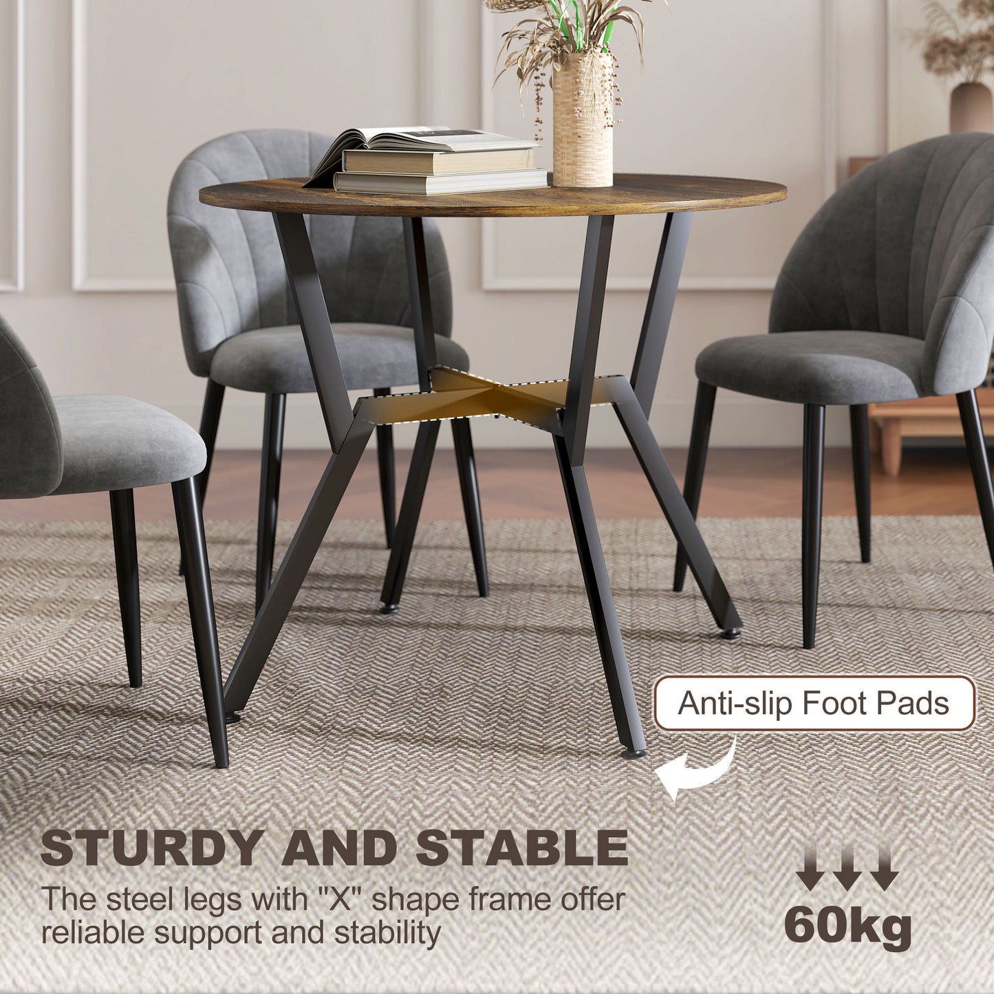 Dining Table, Round Kitchen Table with Black Legs, Anti-slip Foot Pads for Living Room, Dining Room 90 x 76 cm, Rustic Brown