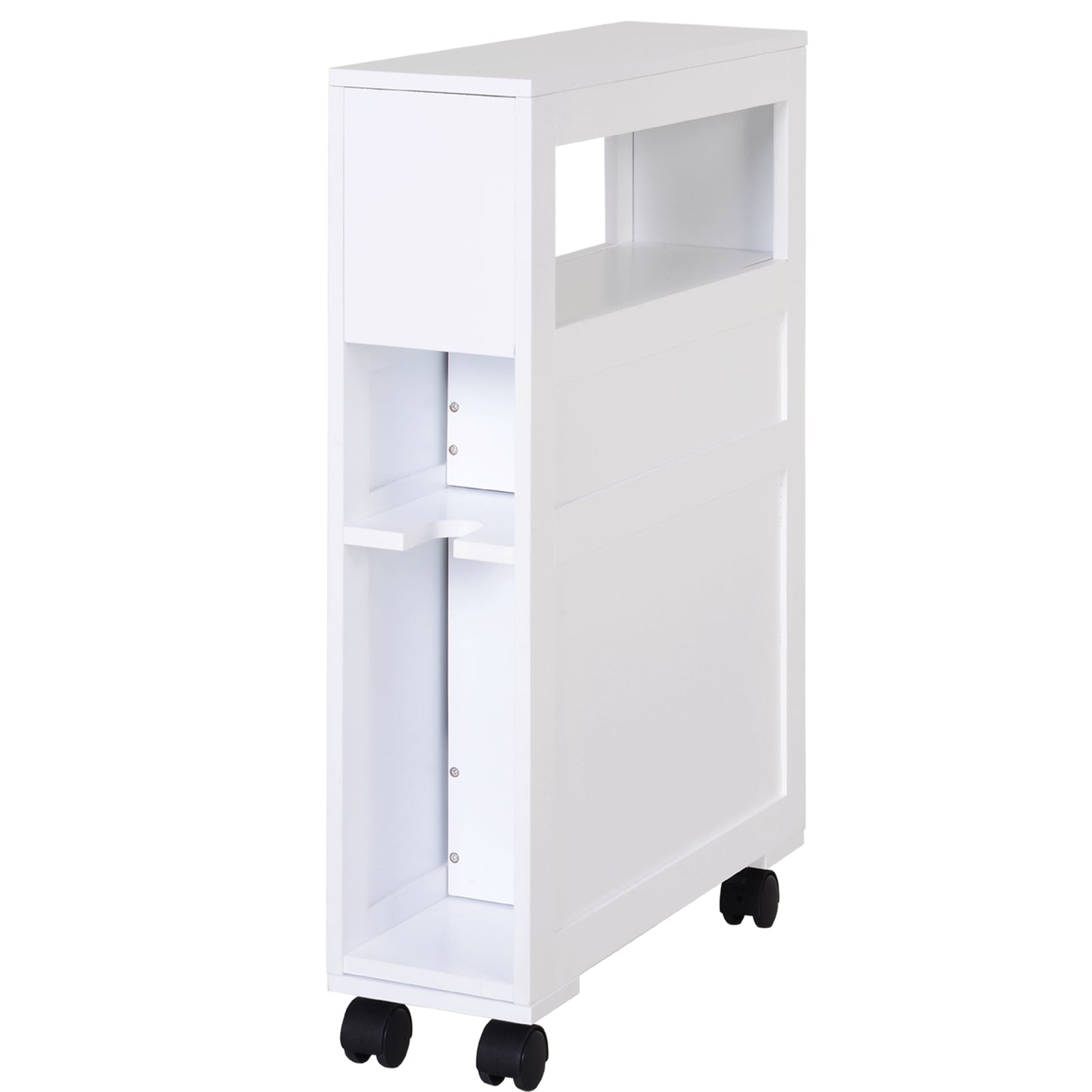 72x16cm Narrow Bathroom Storage Unit w/ 2 Drawers Open Top 4 Wheels Slimline Modern Rolling Home Organisation