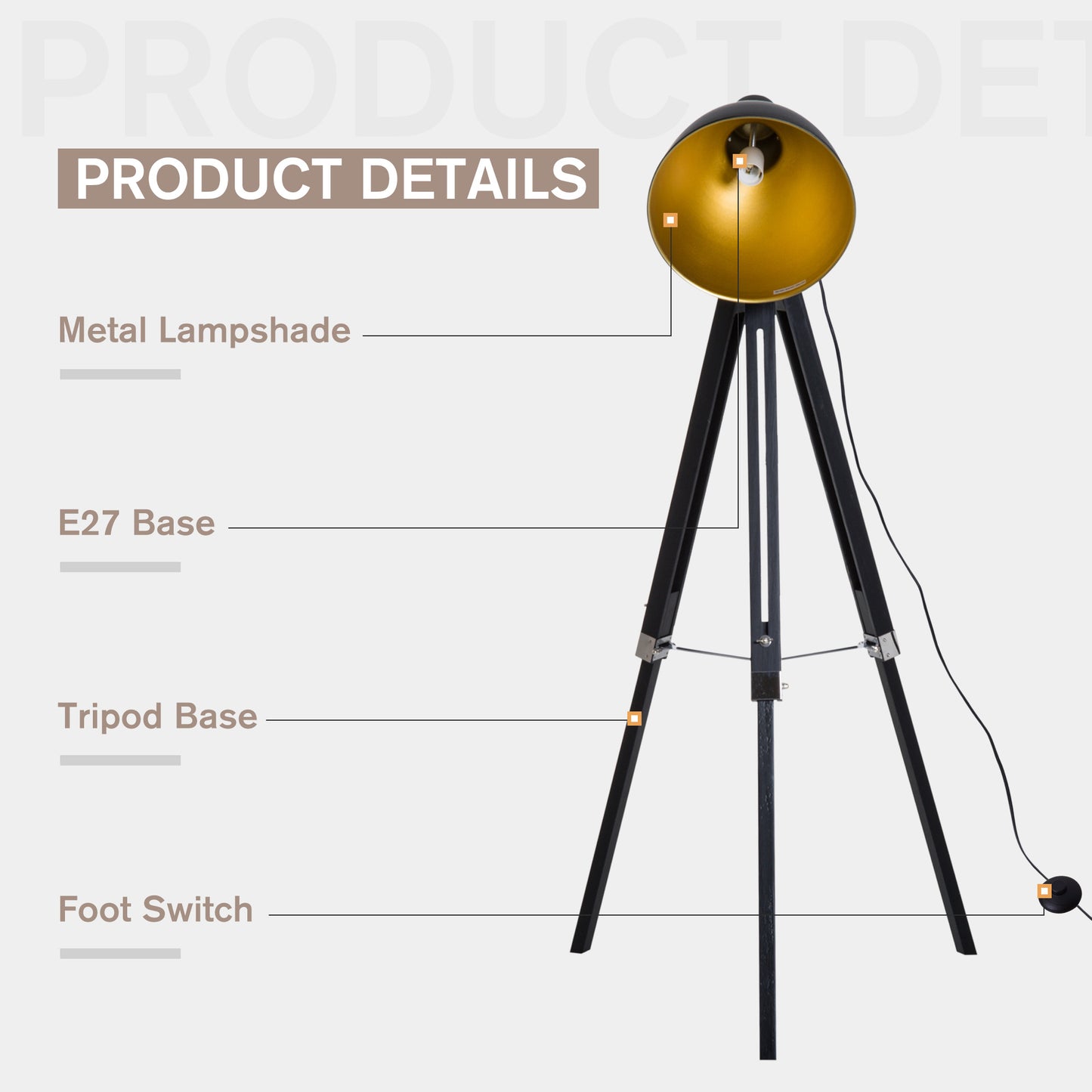 Tripod Floor Lamp, Spotlight Reading Lamp w/ Adjustable Height, Angle, Wood Legs for Living Room, Bedroom, Home, Office