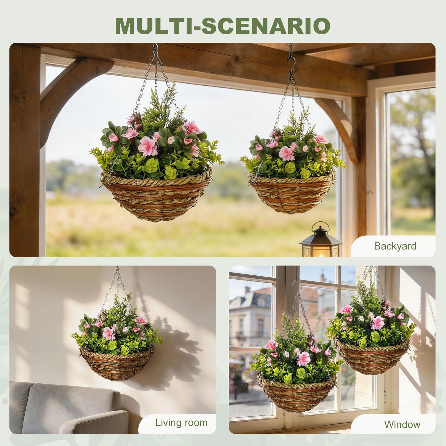 Set of Two Hanging Lisianthus Flower Pots - Pink/Green