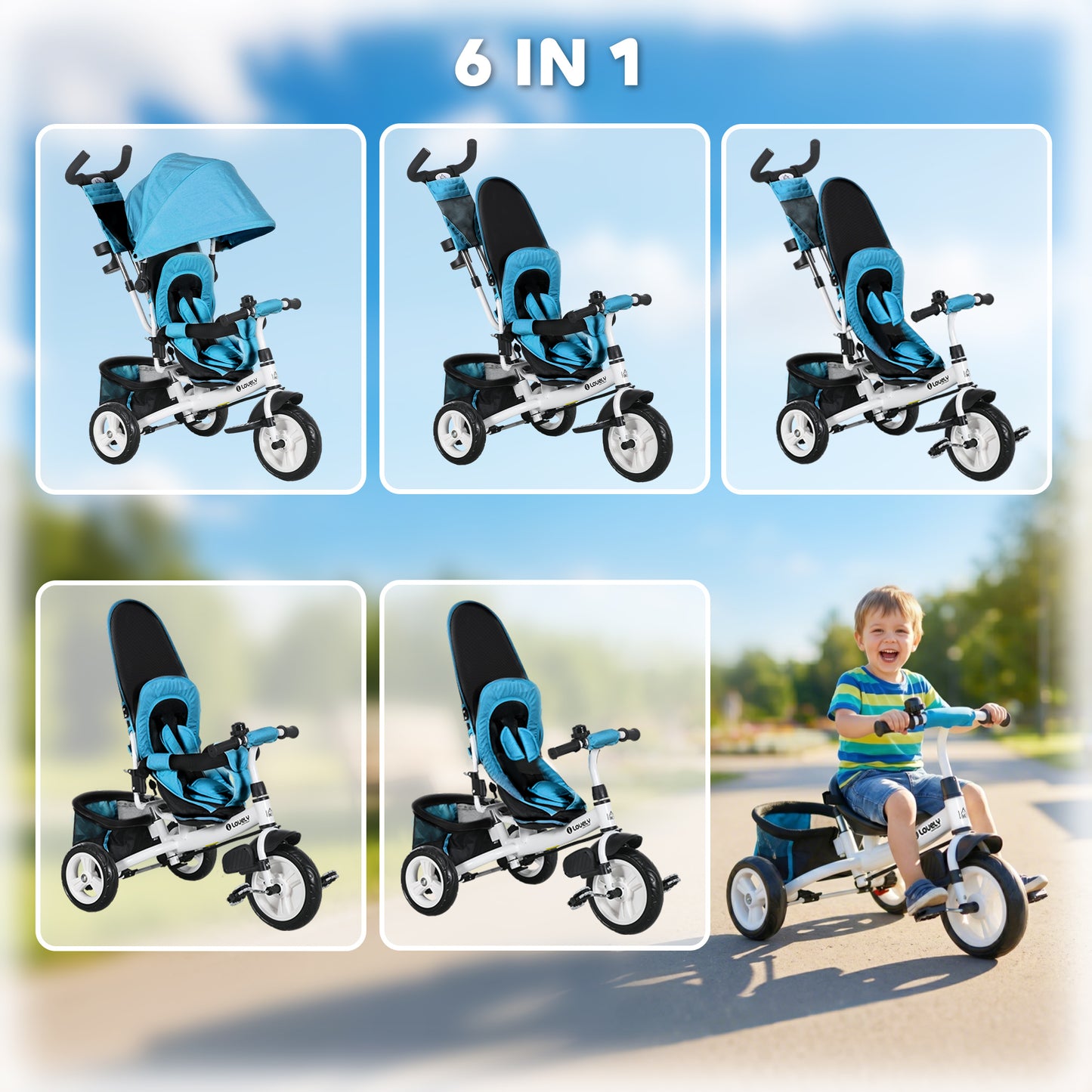 6 in 1 Kids Trike with Parent Handle, Canopy, 5-point Seat Belt, Storage, Footrest, Brake, for 1-5 Years, Blue
