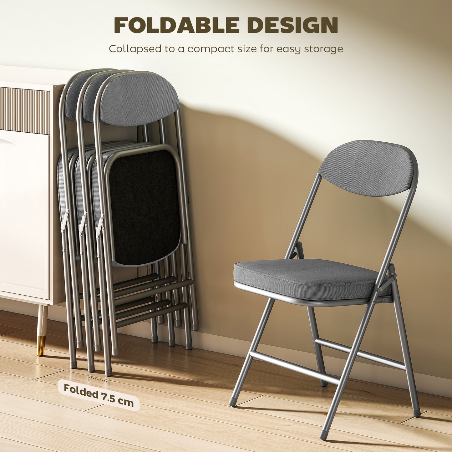 Set of Four Folding Corduroy Seat Chairs - Grey