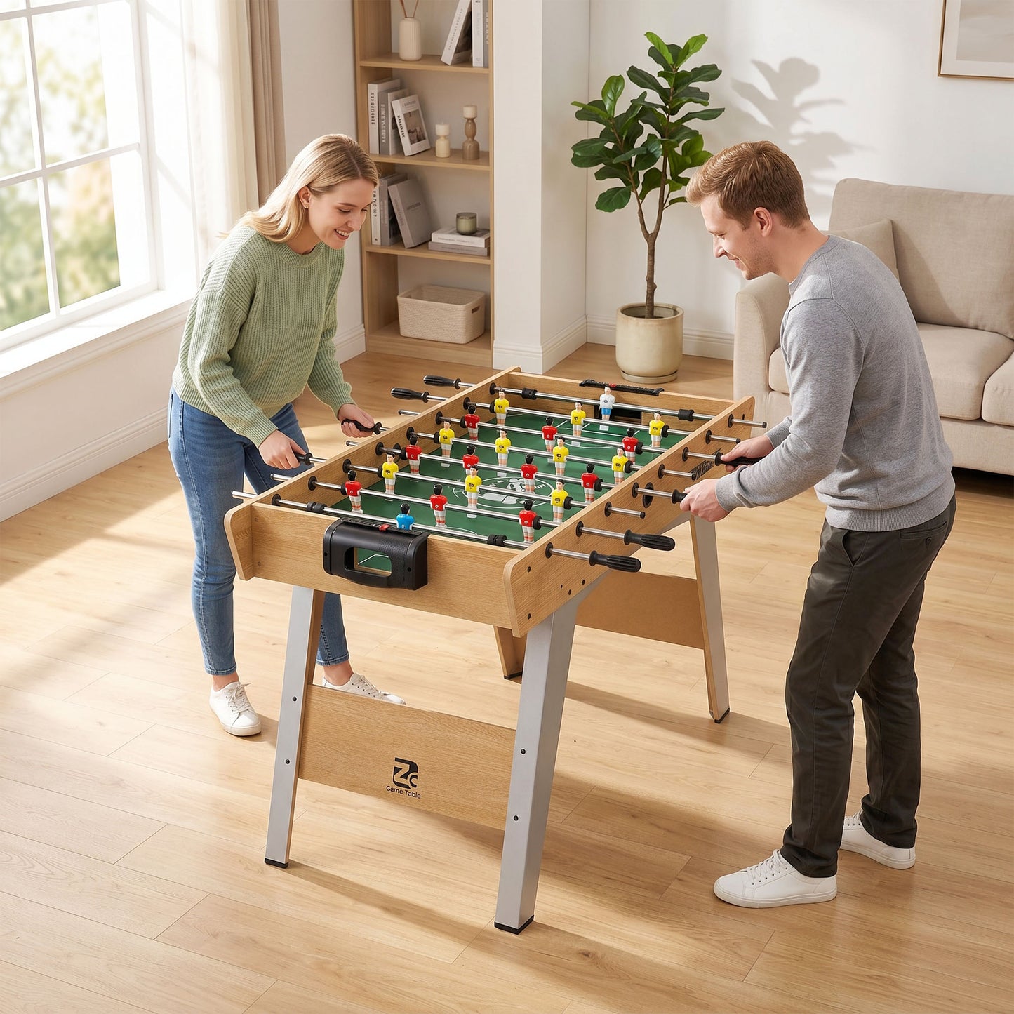 4ft Table Football, Foosball Game Table with 22 Players, 2 Balls and Manual Scorers for Family, Natural Wood Finish