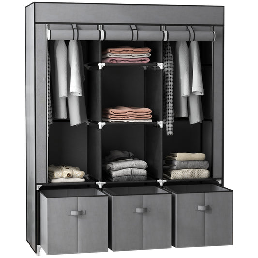 Foldable Fabric Wardrobe for Bedroom, Portable Wardrobe with 5 Shelves, 2 Hanging Rails and 3 Fabric Drawers, Dark Grey