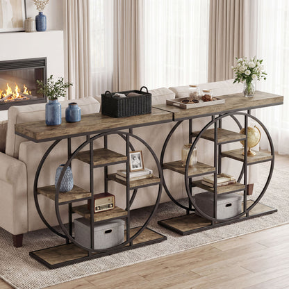 Industrial Console Table with Storage Shelves - Rustic Brown