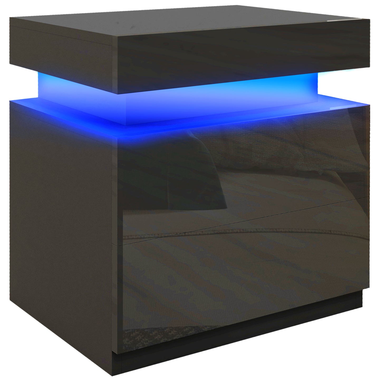 Black Bedside Table with LED Light, High Gloss Front Nightstand with 2 Drawers, for Living Room, Bedroom