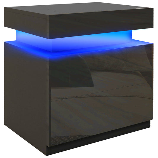 Black Bedside Table with LED Light, High Gloss Front Nightstand with 2 Drawers, for Living Room, Bedroom