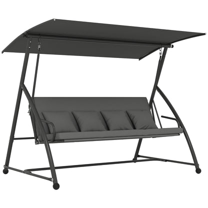 Outdoor 2-in-1 Swing Chair Lounger 3 Seater Garden Swing Seat Bed Convertible Tilt Canopy W/ Cushion, Dark Grey