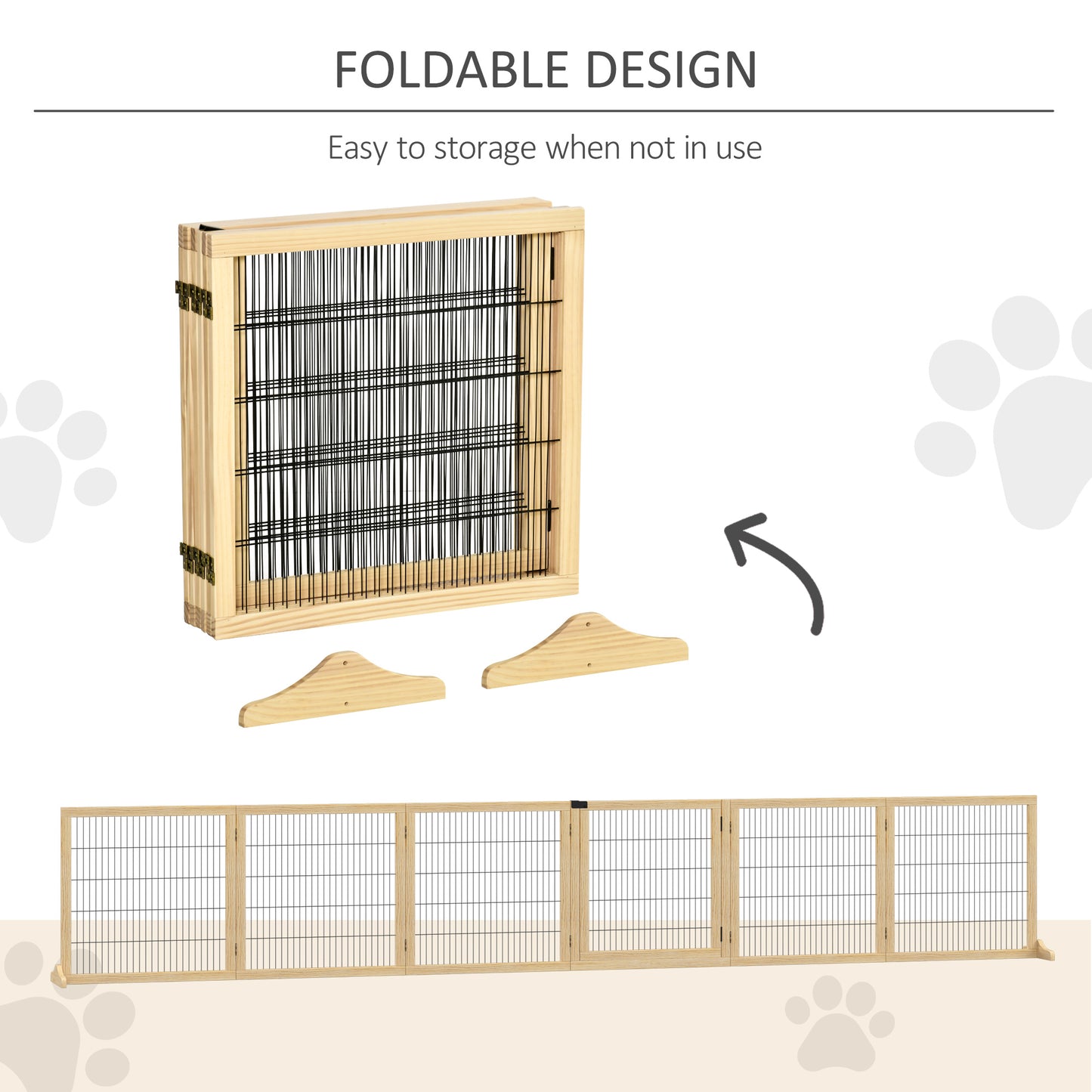 Wooden Pet Gate, Freestanding Dog Security Barrier with Two Support Feet - Natural Tone