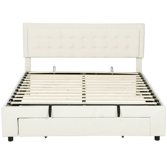 King Size Ottoman Bed Frame, with Front Drawer - Cream