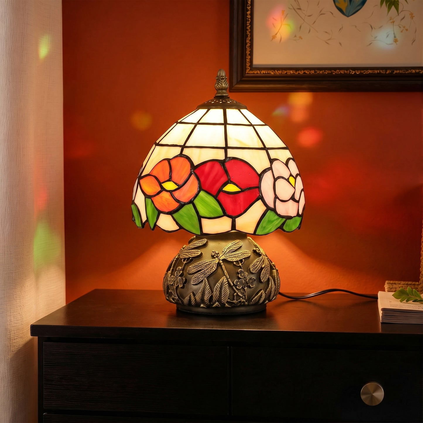 Handcrafted Classic Stained Glass Bedside Lamp, Tiffany-Style Table Lamp with Sculpted Dragonfly Base, Multi-Coloured