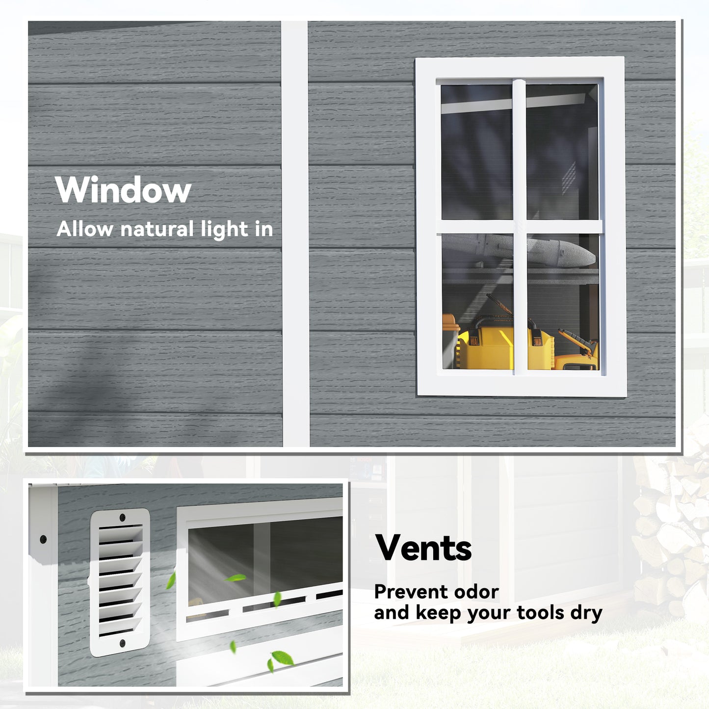 6 x 6 ft Plastic Garden Shed, Wood-Effect Outdoor Storage Shed with Floor, Windows, Lockable Doors and Vents, Grey