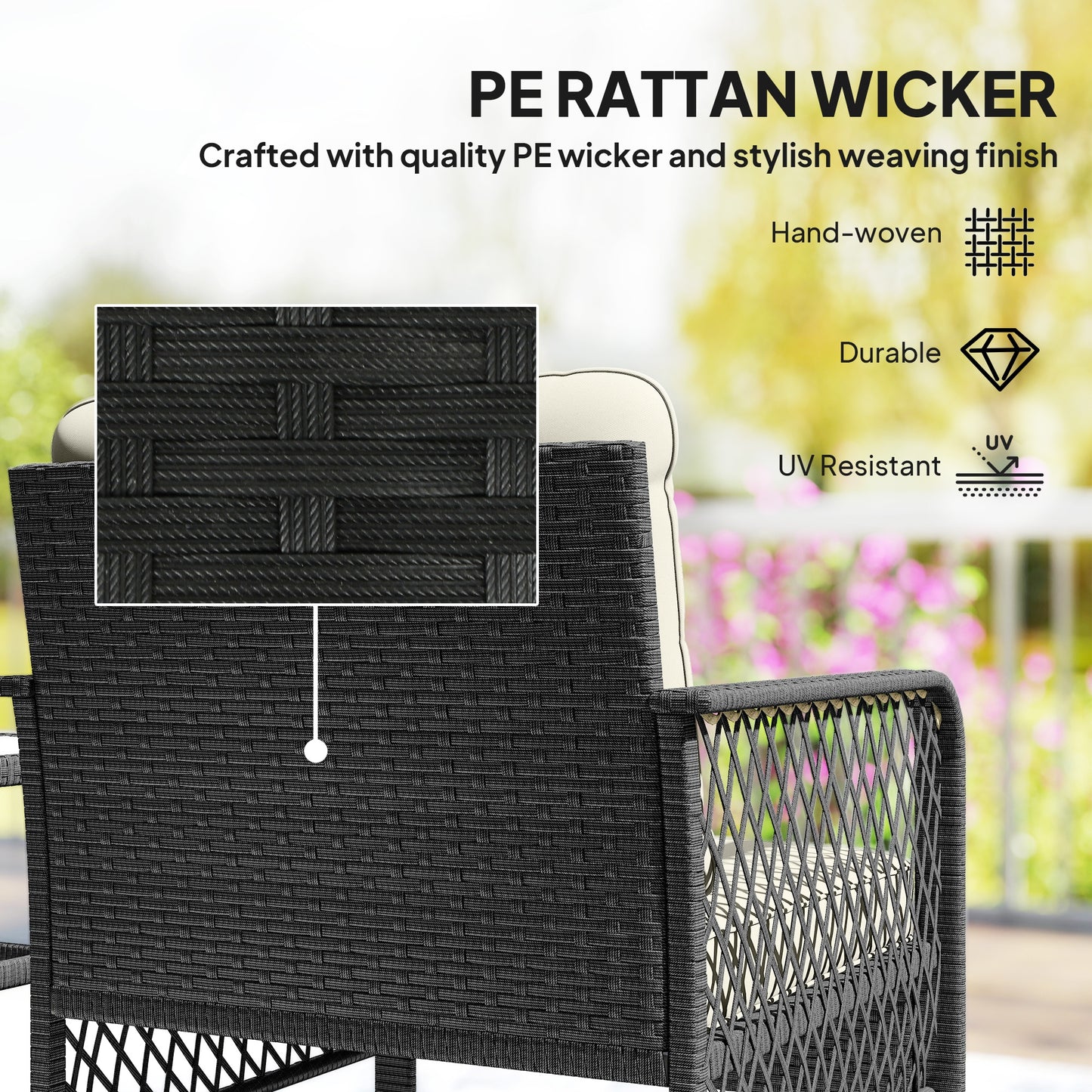 3 Pieces Rattan Bistro Set with Glass Top Coffee Table, Chairs and Cushions for Outdoor, Patio, Balcony, Cream